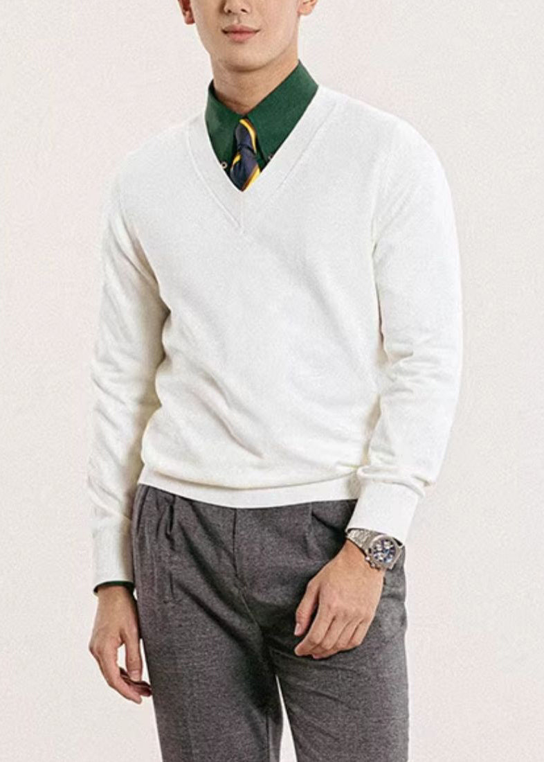 Slim Fit White V Neck Knit Sweater Fall