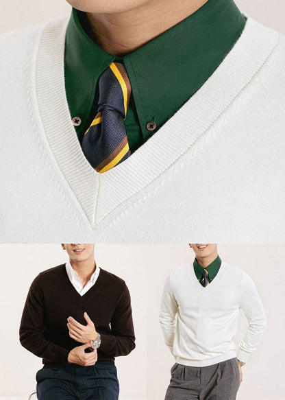 Slim Fit White V Neck Knit Sweater Fall
