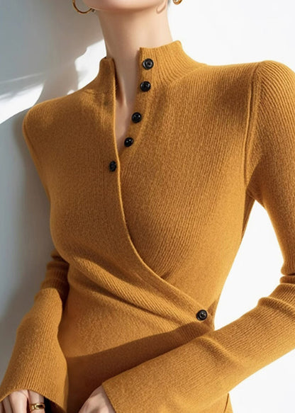 Slim Fit Yellow Asymmetrical Patchwork Knit Sweaters Spring