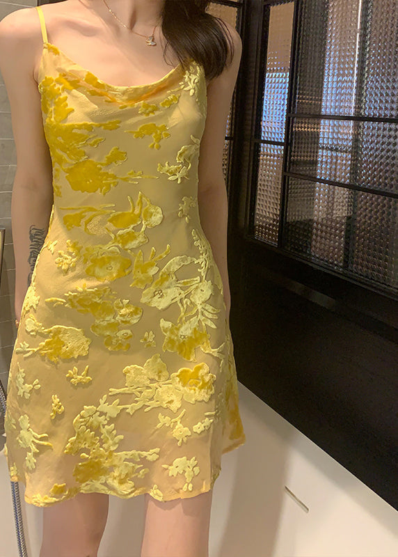 Slim Fit Yellow O Neck Silk Spaghetti Strap Dress Sleeveless