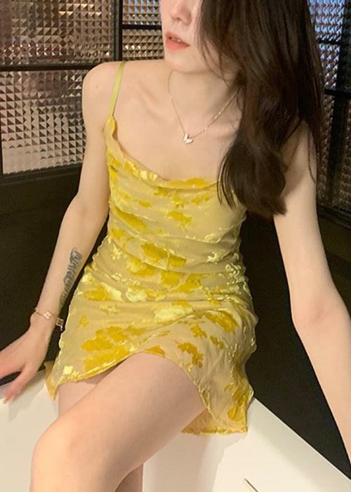 Slim Fit Yellow O Neck Silk Spaghetti Strap Dress Sleeveless