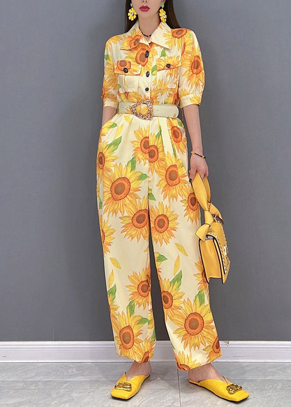 Slim Fit Yellow Peter Pan Collar Button Pockets Print Overalls Jumpsuit Short Sleeve