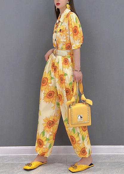 Slim Fit Yellow Peter Pan Collar Button Pockets Print Overalls Jumpsuit Short Sleeve