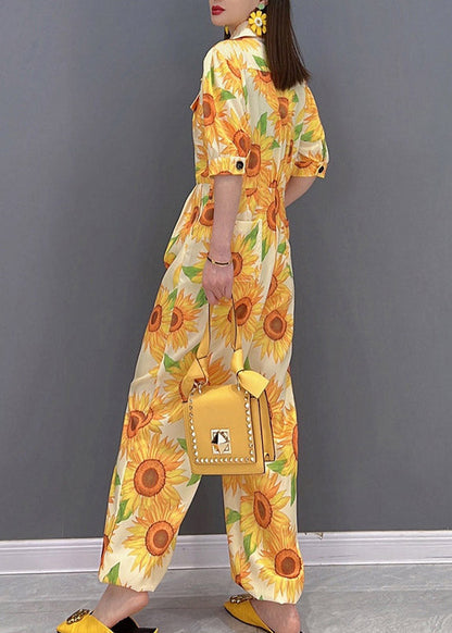 Slim Fit Yellow Peter Pan Collar Button Pockets Print Overalls Jumpsuit Short Sleeve