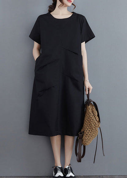 Black Pockets Vacation Dresses Wrinkled Short Sleeve