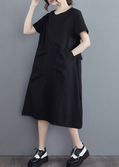 Black Pockets Vacation Dresses Wrinkled Short Sleeve