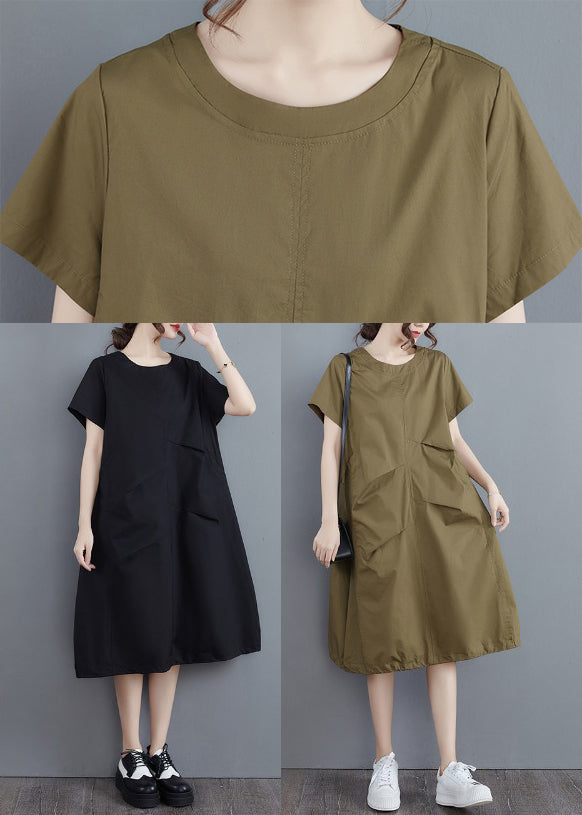 Black Pockets Vacation Dresses Wrinkled Short Sleeve