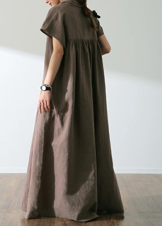 Button Lapel Ruched Short Sleeve Maxi Shirt Dress Coffee