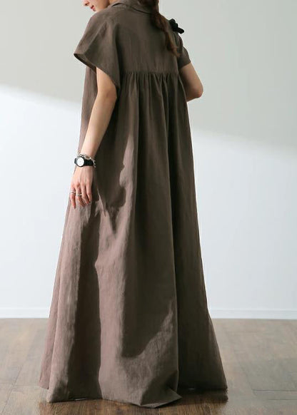 Button Lapel Ruched Short Sleeve Maxi Shirt Dress Coffee