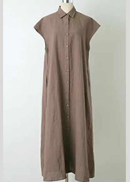 Button Lapel Ruched Short Sleeve Maxi Shirt Dress Coffee