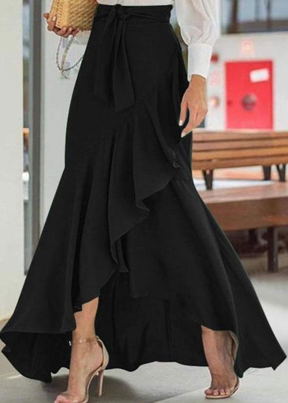 Color High Waist Ruffle High Low Hem Swing Maxi Skirts for