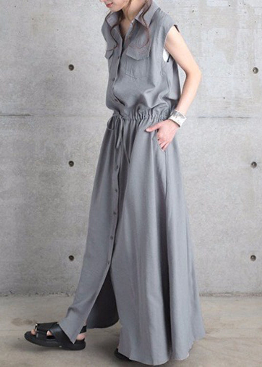 Drawstring Waist Pocket Button Front Maxi Cargo Dress Black