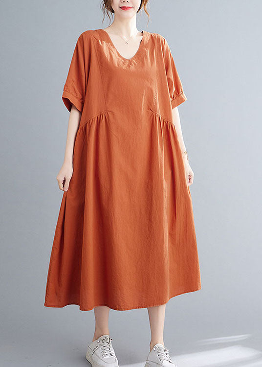 Orange Patchwork Cotton Holiday Dress Wrinkled Short Sleeve