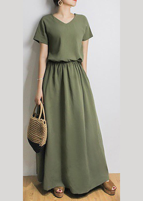 Sash Elastic Waist Short Sleeve Maxi Dress Green