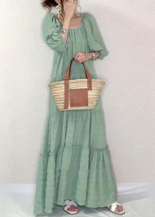 Square Collar Ruffle Maxi Dress Light Green