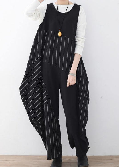 Spring Summer Cotton Hemp Oversized Asymmetric Striped Jumpsuit
