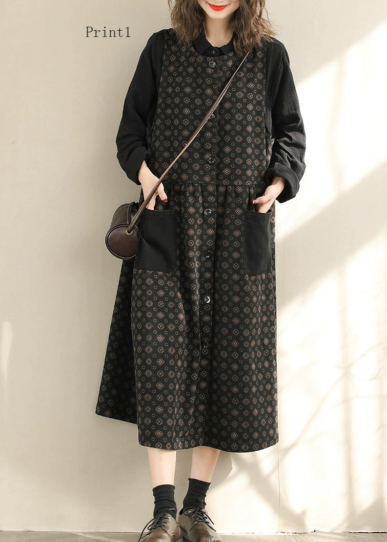 Spring Print Pockets Denim Vest Dresses