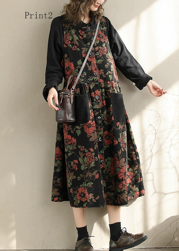 Spring Print Pockets Denim Vest Dresses