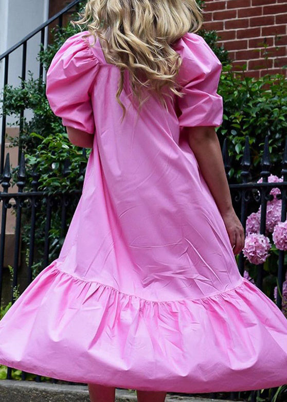 Square Neck Color Puff Sleeve Ruffles Hem Maxi Dress for Rose