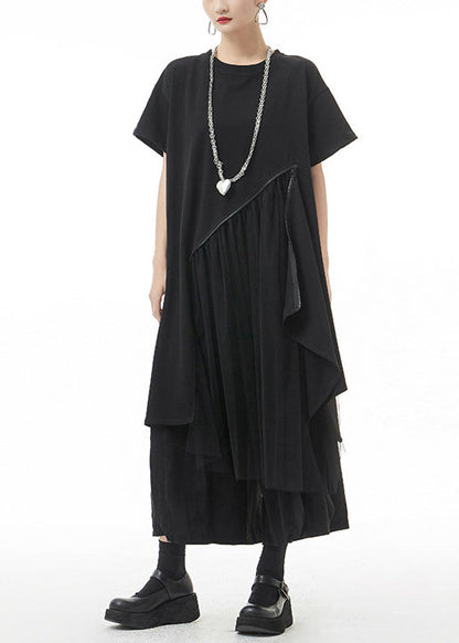 Black O-neck Asymmetrical Maxi Dress Short Sleeve