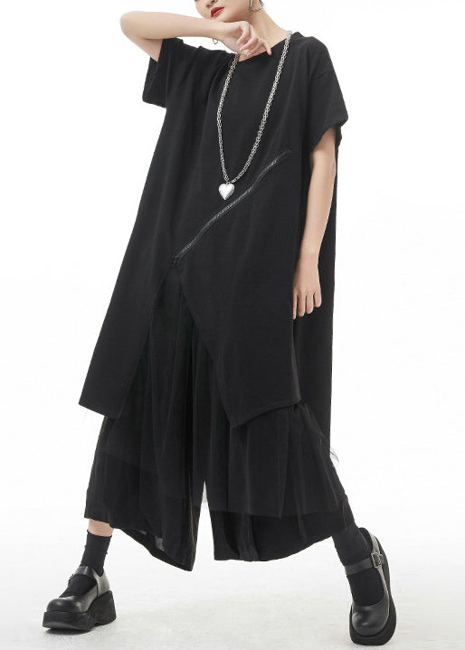 Black O-neck Asymmetrical Maxi Dress Short Sleeve