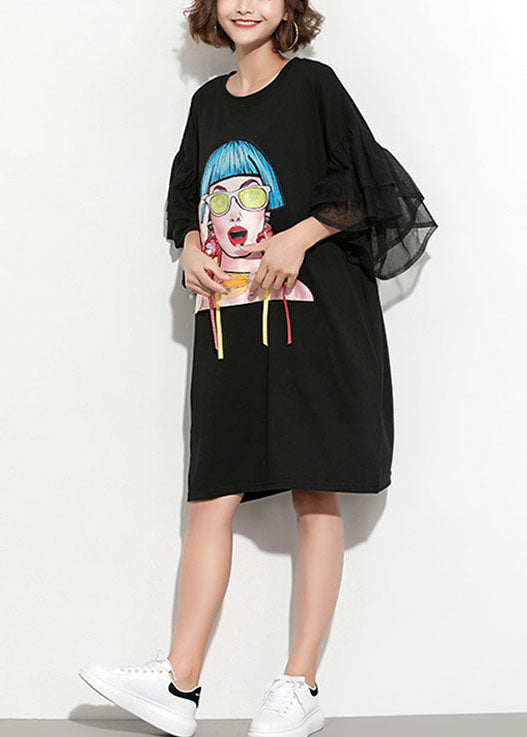 Black O-neck Tulle Patchwork Print Tassel Cotton Maxi Dresses Petal Sleeve