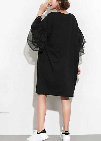 Black O-neck Tulle Patchwork Print Tassel Cotton Maxi Dresses Petal Sleeve