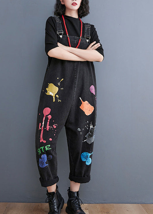 Black Painting Print Denim Jumpsuit Spring
