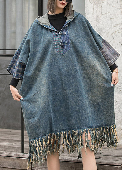 Blue Hooded Patchwork Tasseled Denim Dress Batwing Sleeve