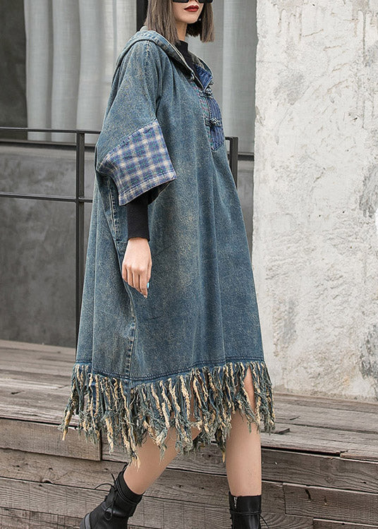 Blue Hooded Patchwork Tasseled Denim Dress Batwing Sleeve