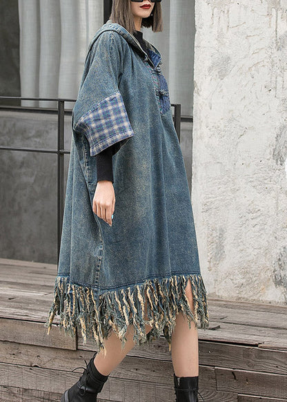 Blue Hooded Patchwork Tasseled Denim Dress Batwing Sleeve
