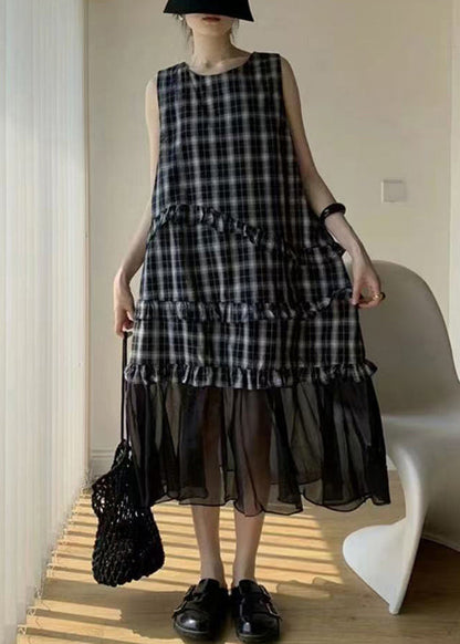 Navy Ruffled Tulle Patchwork Cotton Long Dress Sleeveless