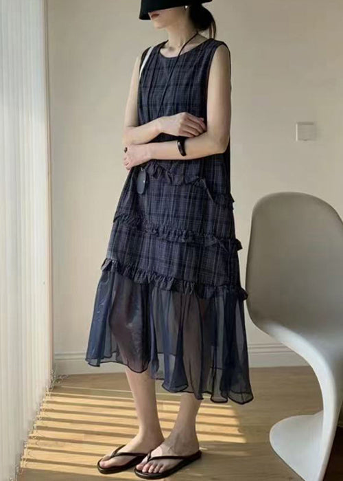 Navy Ruffled Tulle Patchwork Cotton Long Dress Sleeveless