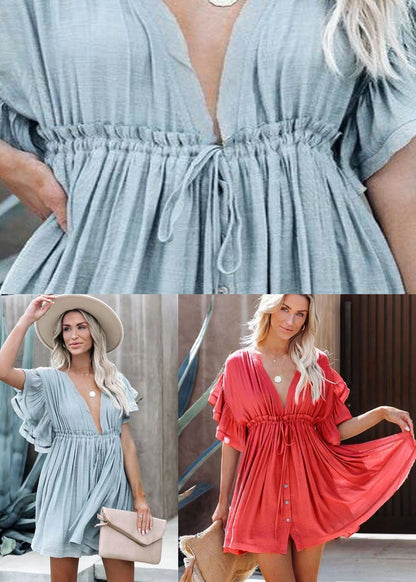 Red Ruffled Off the Back Cotton Dress Summer