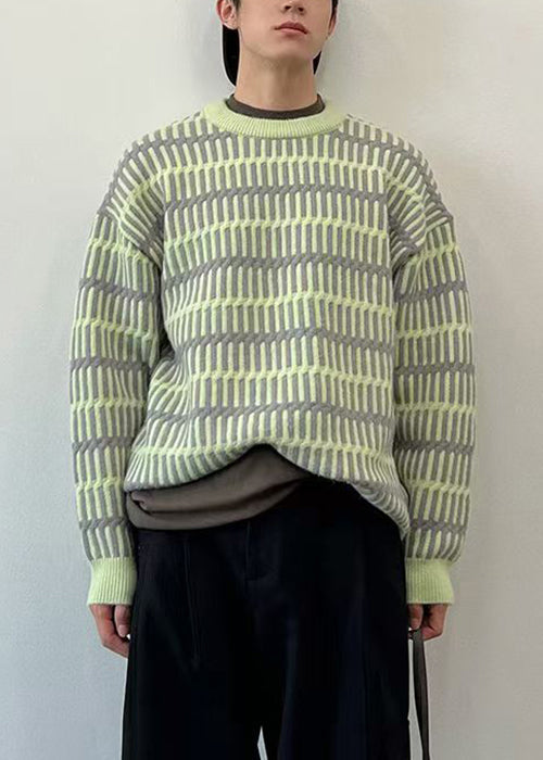 Striped Green O Neck Cozy Knit Sweaters Spring
