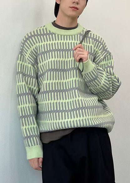Striped Green O Neck Cozy Knit Sweaters Spring