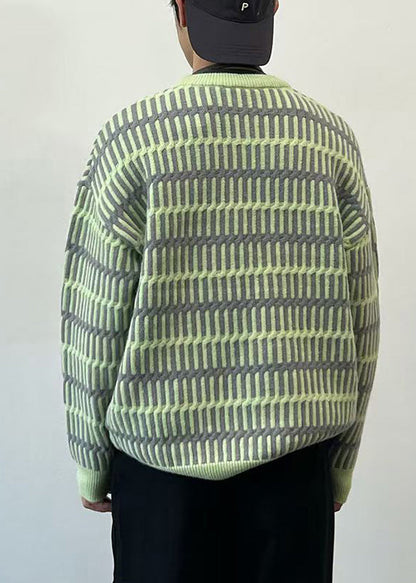 Striped Green O Neck Cozy Knit Sweaters Spring