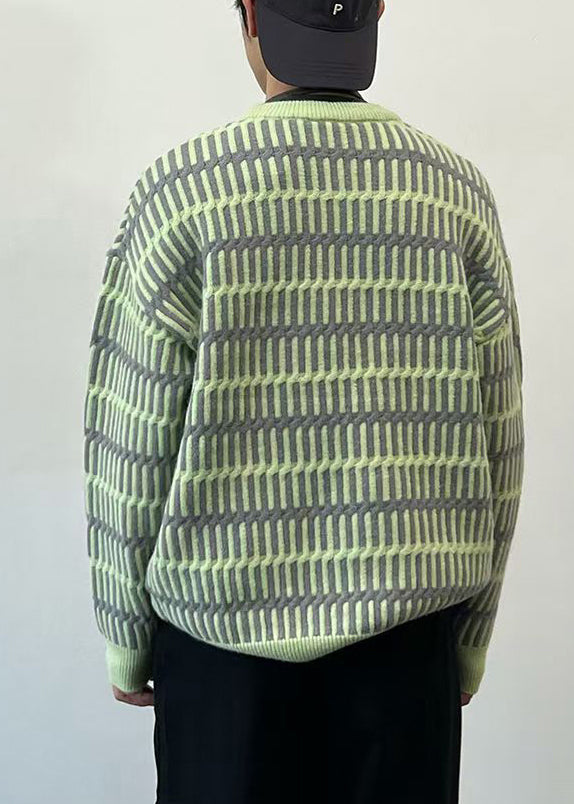 Striped Green O Neck Cozy Knit Sweaters Spring