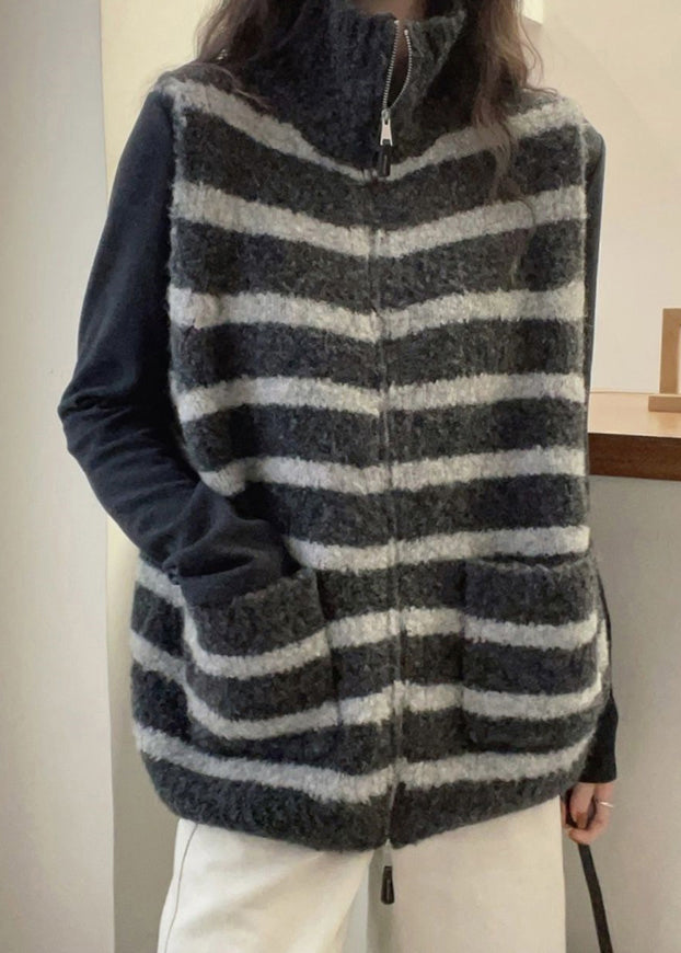 Striped Grey Zippered Patchwork Knit Waistcoat Sleeveless