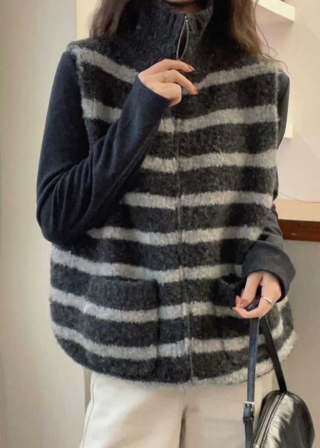 Striped Grey Zippered Patchwork Knit Waistcoat Sleeveless