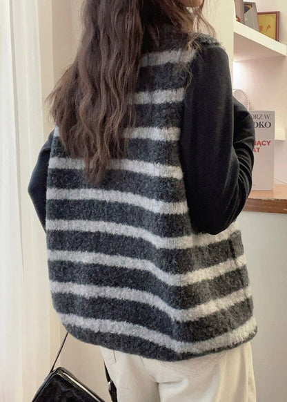Striped Grey Zippered Patchwork Knit Waistcoat Sleeveless