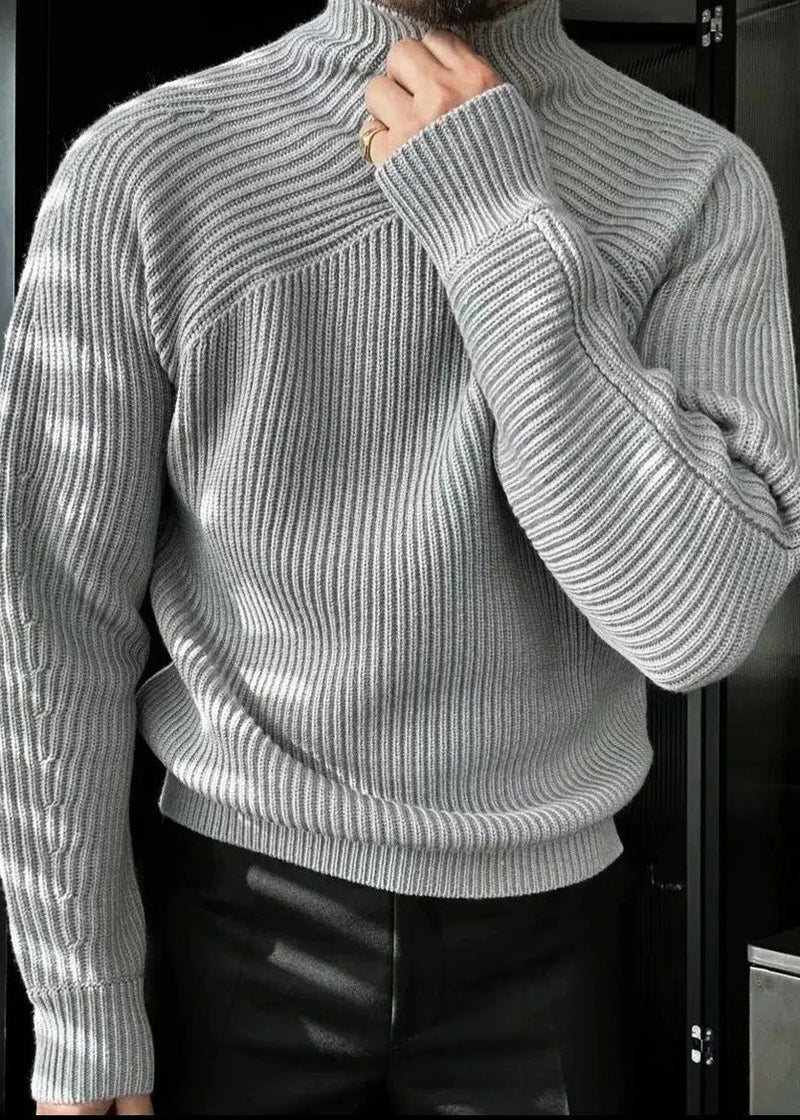 Striped Light Grey Turtleneck Knit Sweaters Winter
