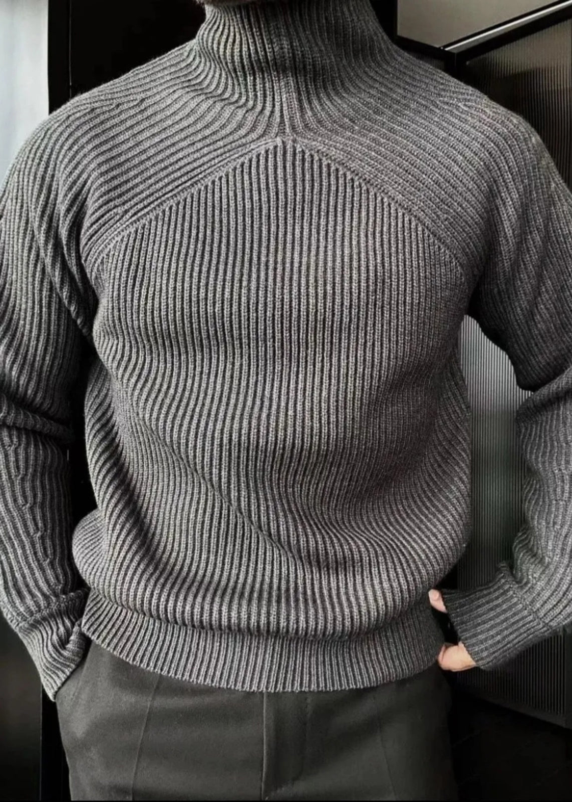 Striped Light Grey Turtleneck Knit Sweaters Winter