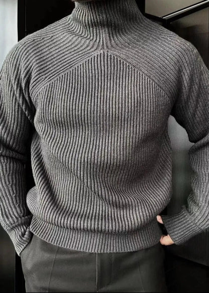 Striped Light Grey Turtleneck Knit Sweaters Winter