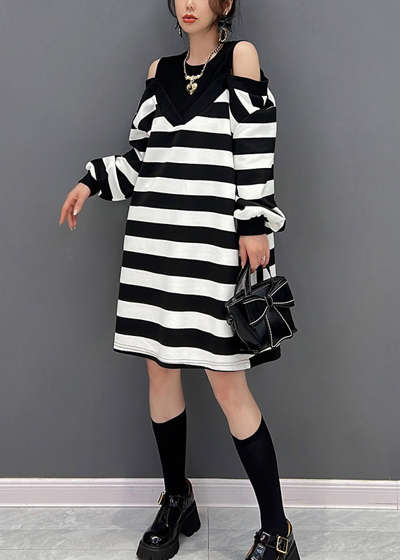 Striped O-neck Fake Two Pieces Knit Mid Dresses Winter