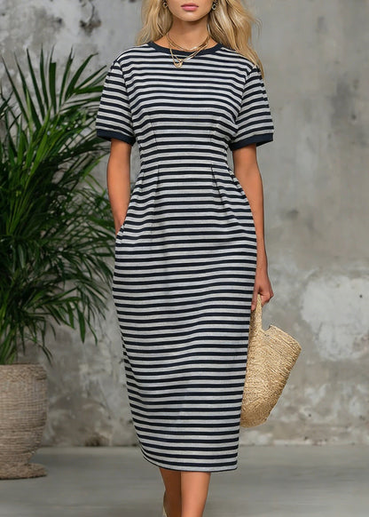 Striped Pockets High Waist Cotton Long Dress O Neck Summer