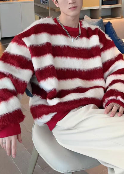 Striped Red O Neck Cozy Ma Hai Mao Sweater Fall