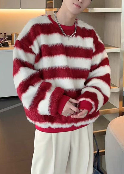Striped Red O Neck Cozy Ma Hai Mao Sweater Fall