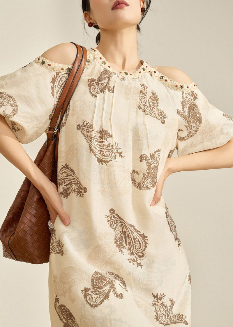 Style Apricot O-neck Cold Shoulder Print Maxi Dress Summer