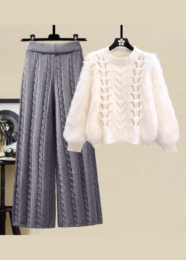 Style Apricot O Neck Sweaters and Skirts Knit Two Pieces Set Spring